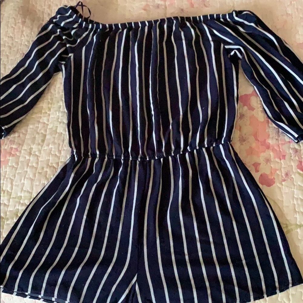 Navy and White Off the Shoulder Romper